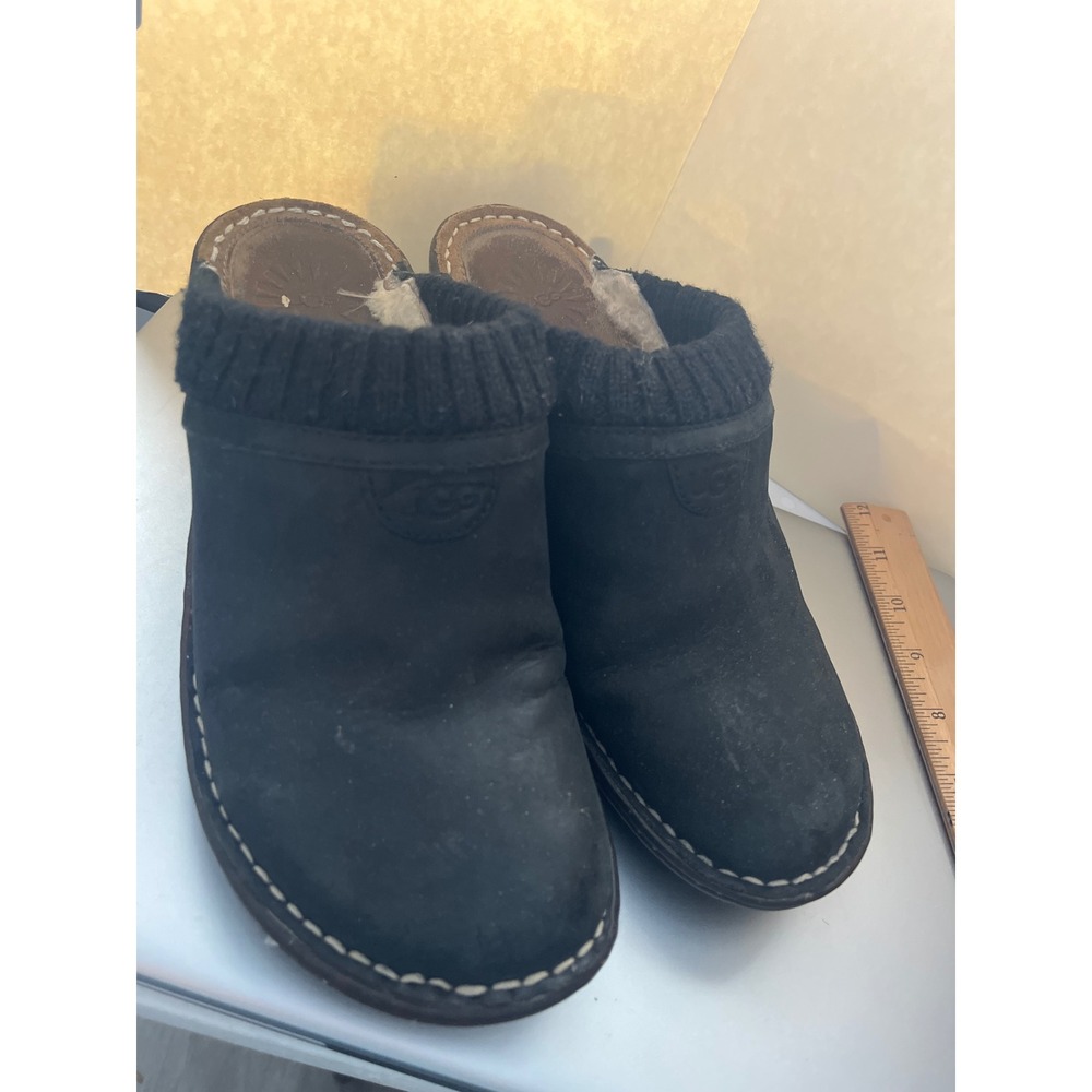 UGG Australia Gael Black Leather Knit Collar Shearling Wedge Clogs 3085 Size 7